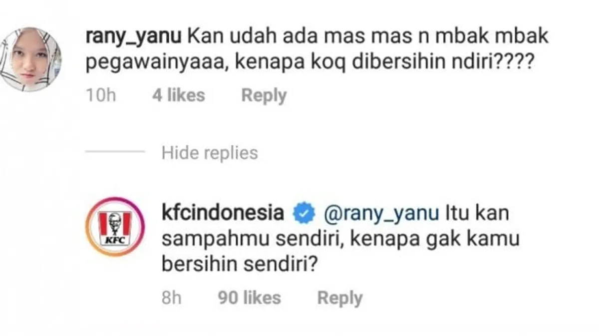Screenshoot komentar admin @kfcindonesia di Instagram