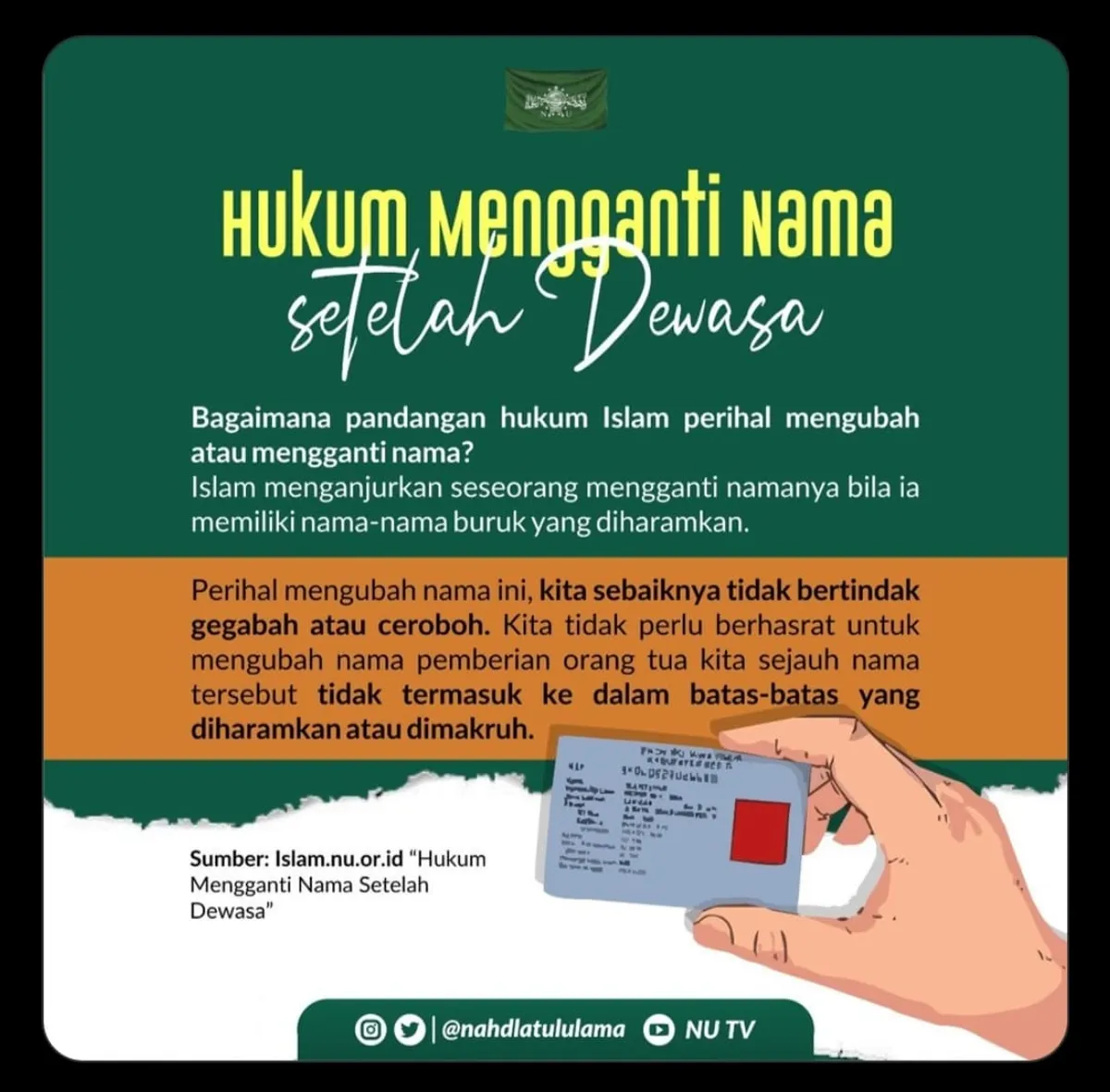 Islam menganjurkan untuk memberi nama yang baik bagi setiap bayi yang lahir di muka bumi ini. Sebab nama adalah doa.

Maka, jika ada nama-nama yang tidak baik, bahkan cenderung buruk dan diharamkan, sebaiknya diganti dengan yang lebih baik. (Sumber: X (Twitter) | Foto: @nahdlatululama)