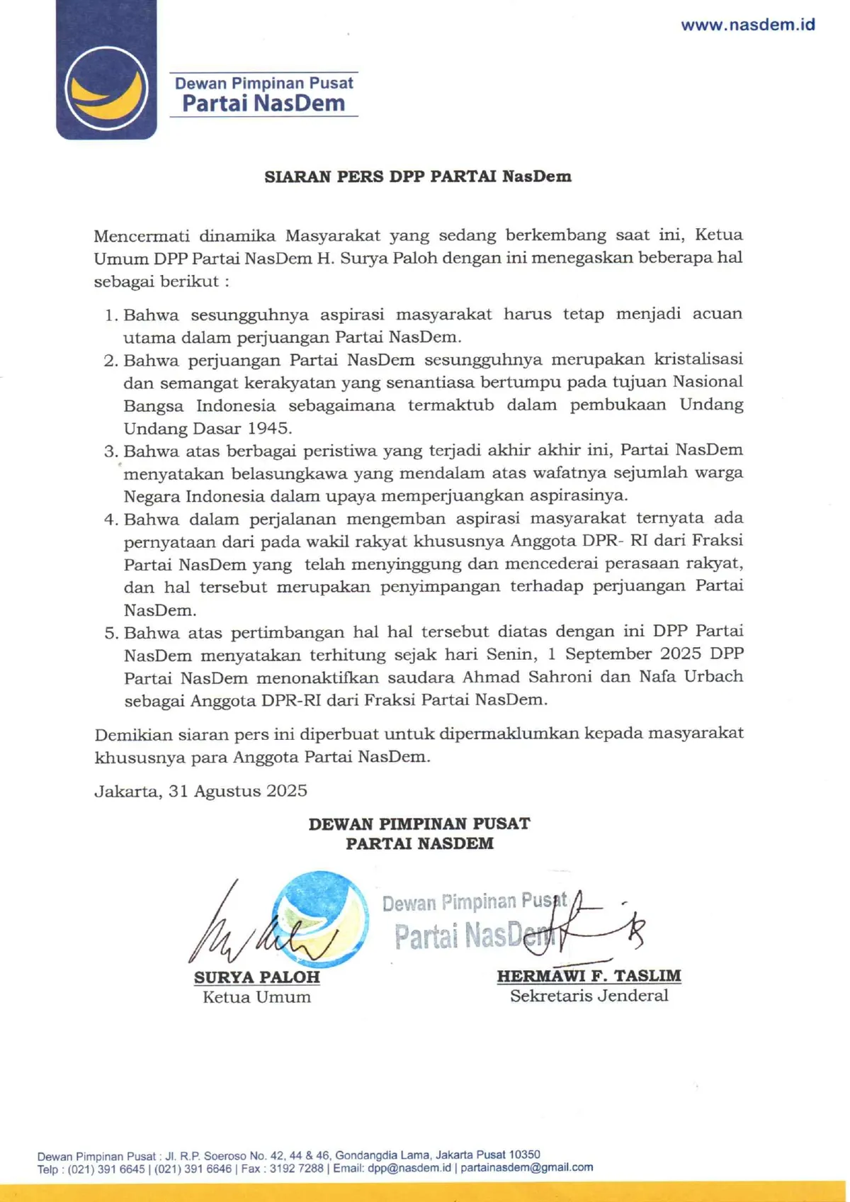 Surat keputusan NasDem yang menonaktifkan Ahmad Sahroni dan Nafa Urbach.