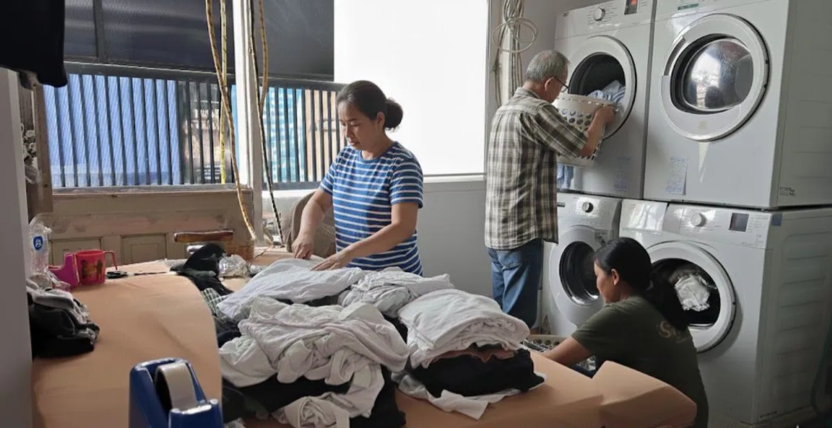 Deretan mesin cuci berputar tanpa henti melayani banjir orderan pelanggan setiap hari. , di kampung Sukabirus, Kabupaten Bandung, Kamis 06 November 2025. (Sumber: Fadya Rahma Syifa | Foto: Fadya Rahma Syifa)