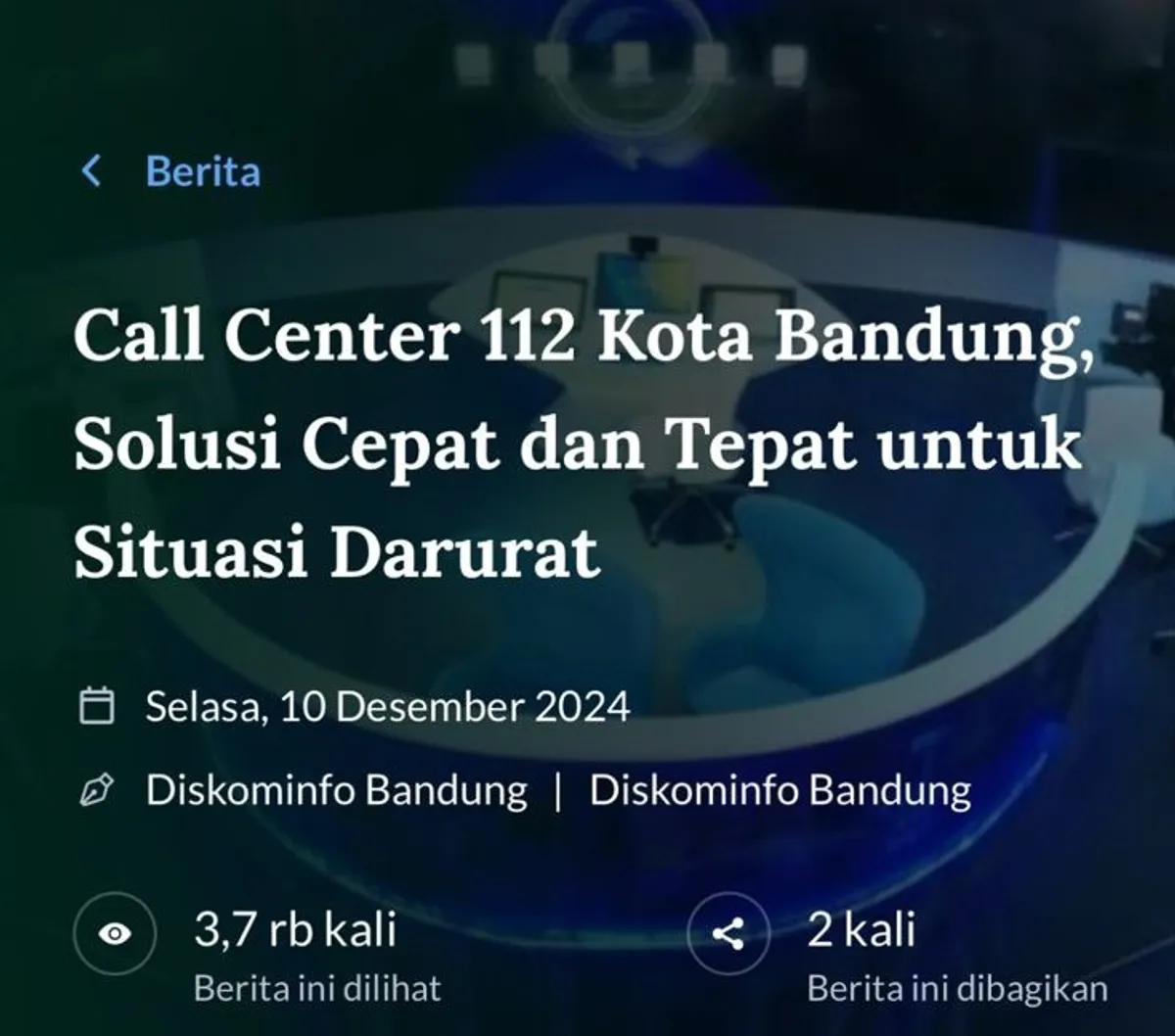 Tangkapan layar berita menampilkan informasi layanan Call Center 112 Kota Bandung sebagai solusi cepat dan tepat dalam menghadapi situasi darurat bagi warga. (Sumber: Web jabarprov.go.i)