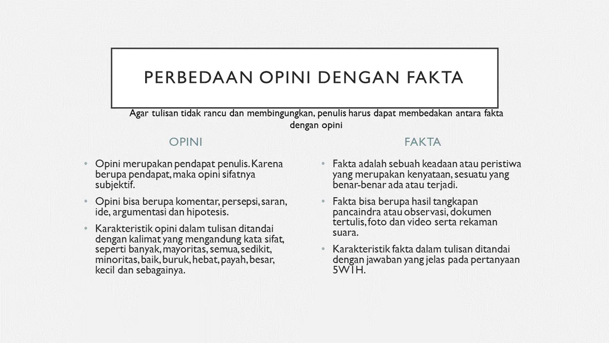 Perbedaan opini dengan fakta. (Sumber: pribadi)