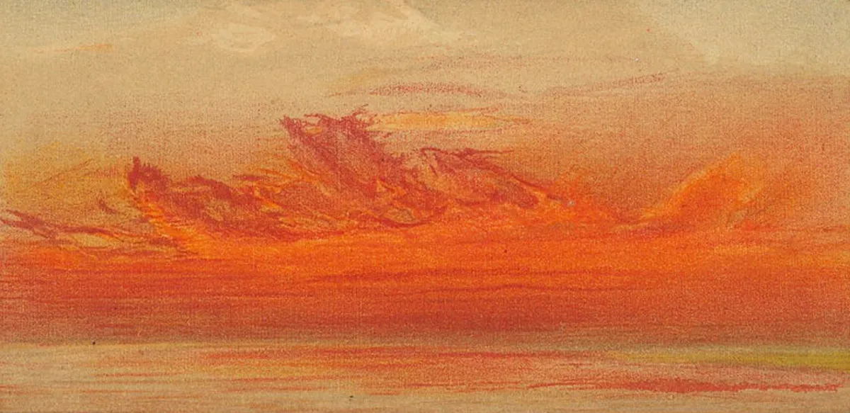 Salah satu lukisan seniman Inggris, William Ascroft, yang membuat ribuan sketsa warna matahari terbenam merah di belahan dunia lain dari Krakatau pada tahun-tahun setelah letusan. (Sumber: Houghton Library)