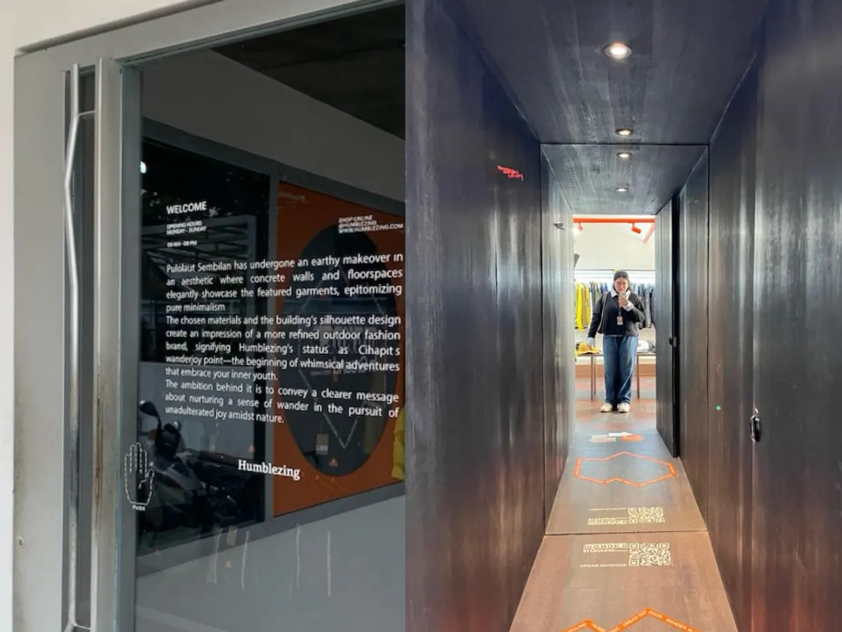 Pesan sambutan di pintu masuk Humblezing beserta desain interior toko secara keseluruhan mencerminkan identitas merek yang kuat dan kohesif. Foto suasana ini diambil pada 29 September 2025 di lokasi toko: Jl. Pulolaut No.9, Cihapit, Kec. Bandung Wetan, Kota Bandung, Jawa Barat 40113 (Sumber: Sumber: Dokumentasi Penulis | Foto: Foto: Muhammad Alfi Sahrin)
