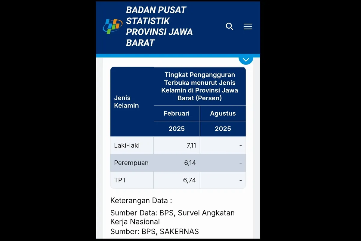 Data BPS Pengangguran di Jawa Barat (Feb/2025) (Sumber: Data BPS)