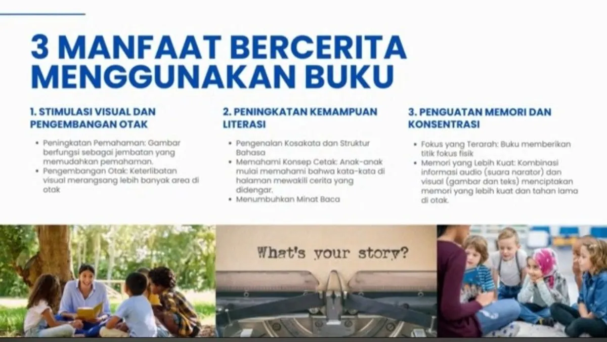Tiga manfaat bercerita menggunakan buku. (Sumber: YouTube Topi Amali | Foto: Hasil tangkapan layar)