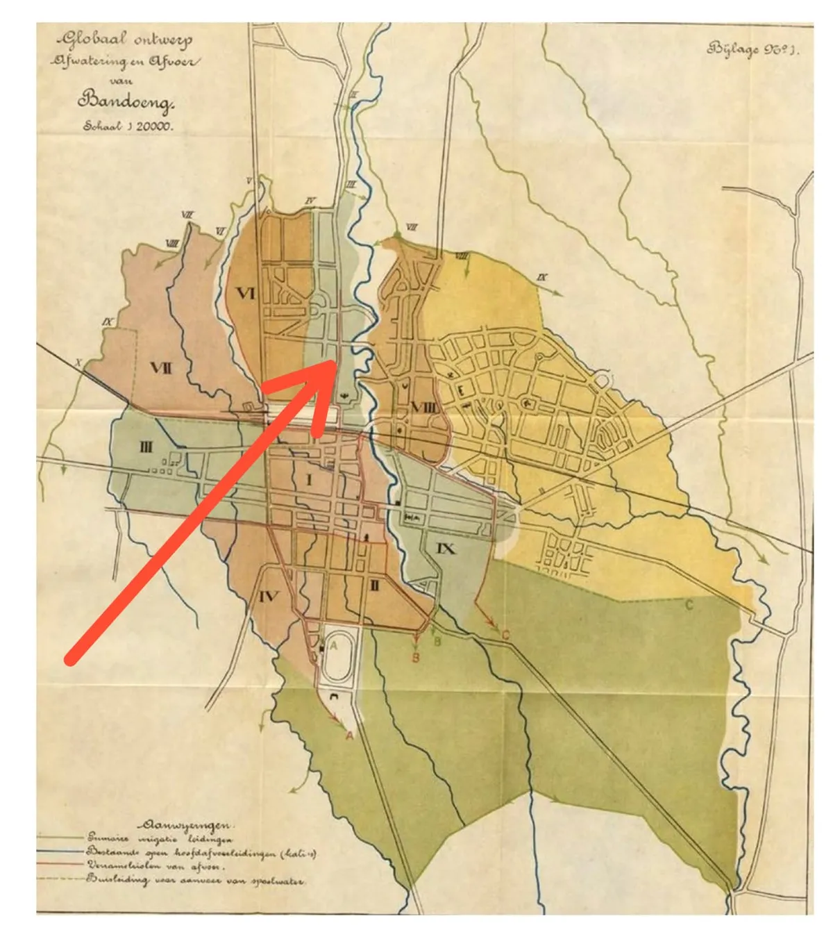 Keletakan Temuan "Terowongan" Banceuy dalam Rancangan peta jaringan pembuangan Kota Bandung tahun 1919 (Sumber: Afwatering en Afvoer van Bandoeng (1919) | Foto: Geemente Bandoeng)