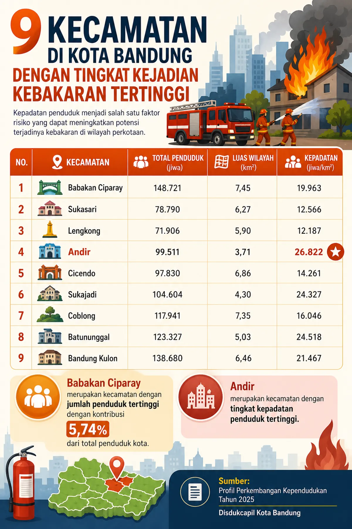 9 kecamatan di Kota Bandung denga tingkat risiko kebakaran tertinggi. (Sumber: Dibuat dengan Chat GPT)