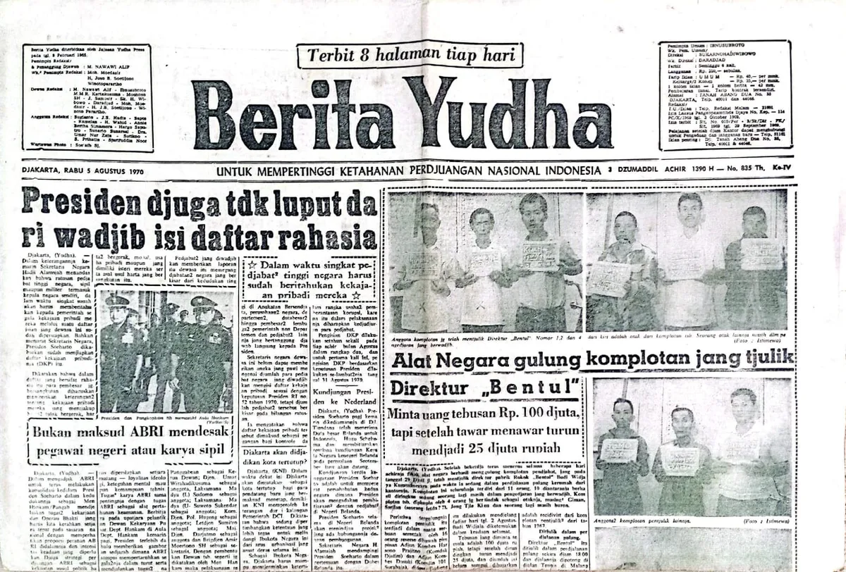 Halaman muka surat kabar Berita Yudha, edisi 5 Agustus 1970, yang kini telah berusia 56 tahun dan menjadi salah satu arsip berharga sejarah pers Indonesia. (Sumber: Koleksi: Kin Sanubary)
