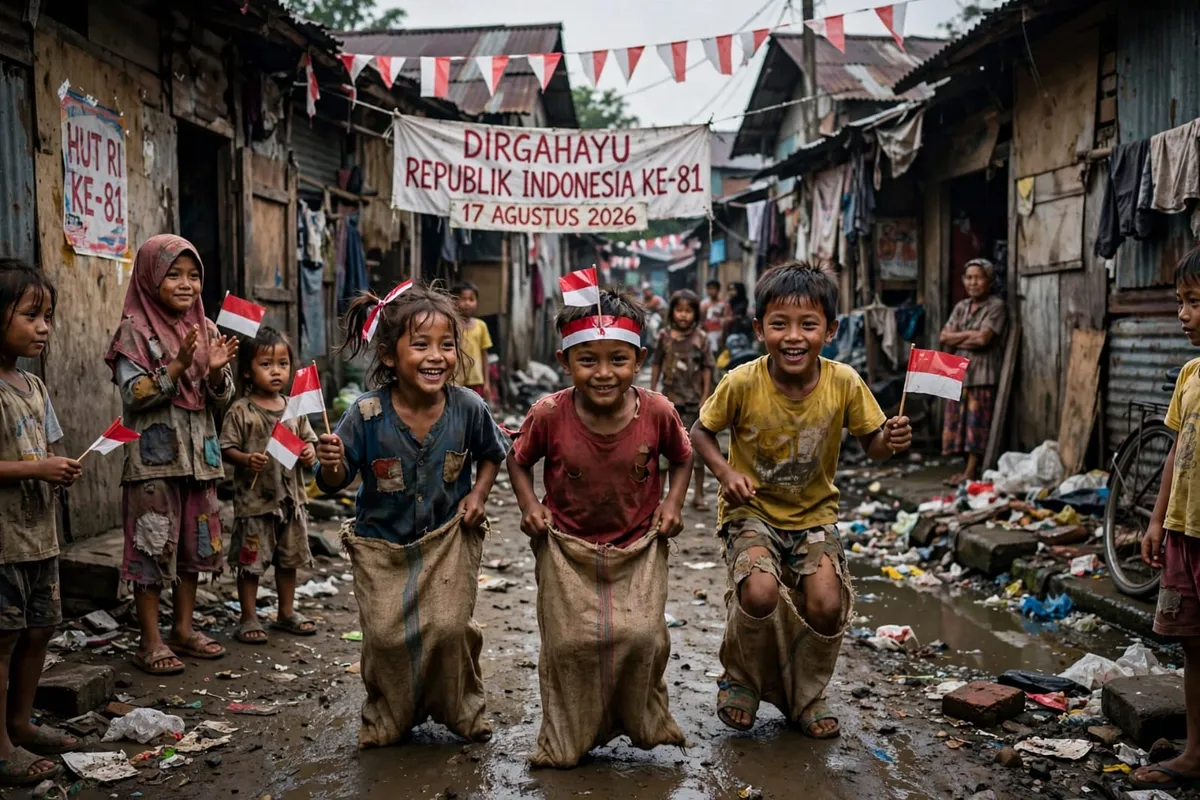 ketimpangan kegembiraan saat 17 agustusan (Sumber: https://www.meta.ai/share/m/m0RoRjdeMl?utm_source=android_meta_ai_sl&open_in_meta_ai=true | Foto: Meta AI)