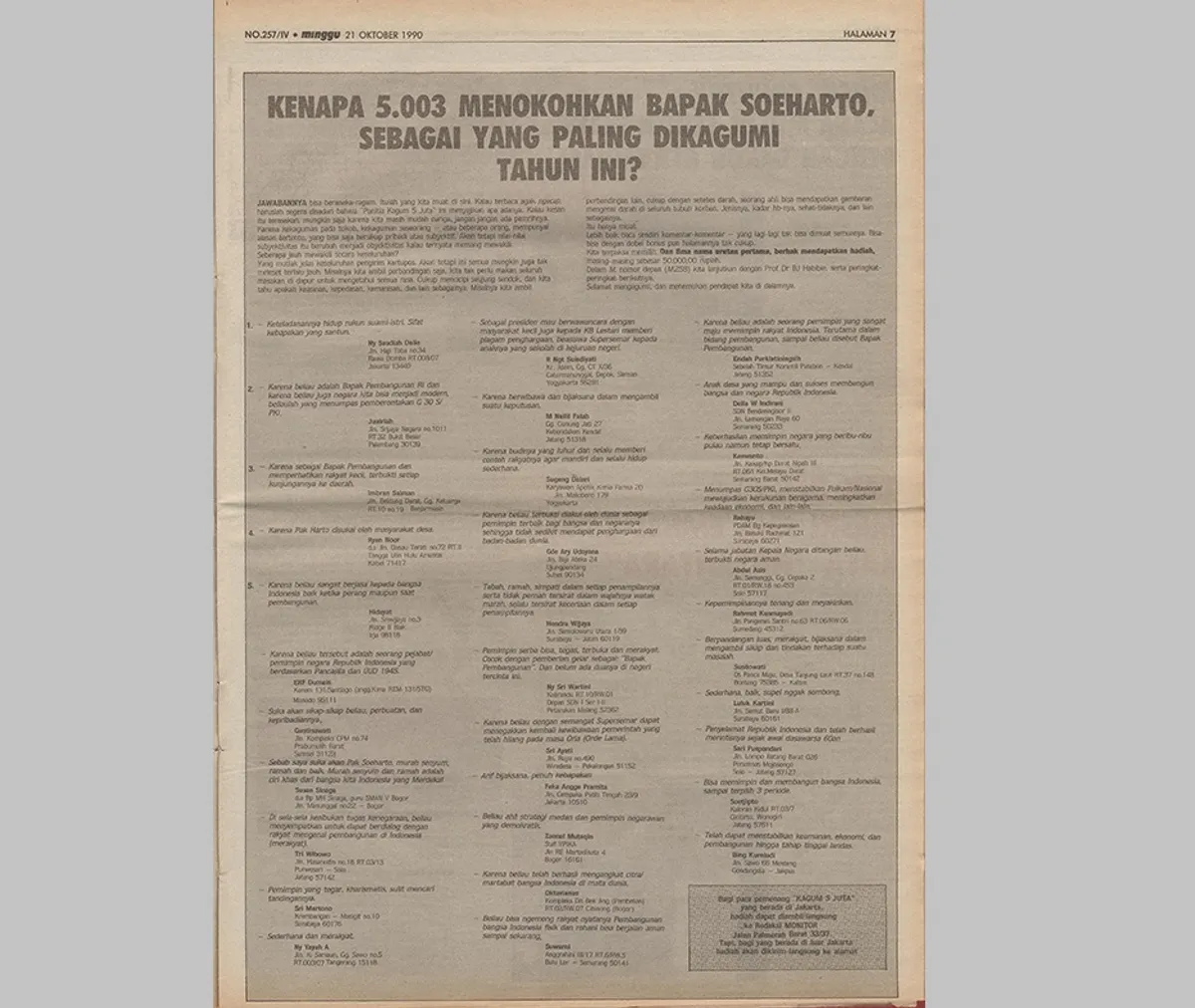 Tabloid Monitor edisi 21 Oktober 1990, yang memuat klarifikasi atas publikasi mereka seminggu sebelumnya. (Sumber: Istimewa)