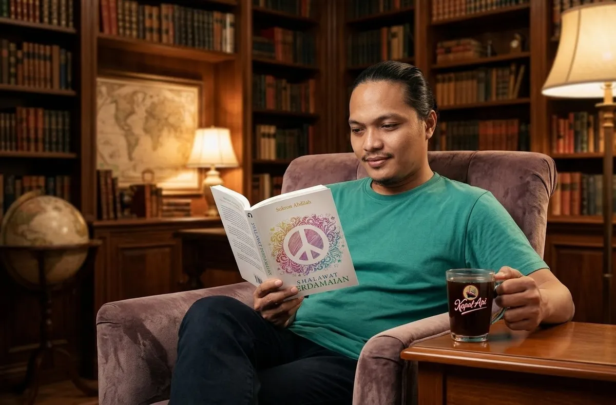 Penulis buku Shalawat Perdamaian, Sukron Abdilah tengah asyik membaca sambil ditemani kopi hangat. (Sumber: Ilustrasi Gemini AI)