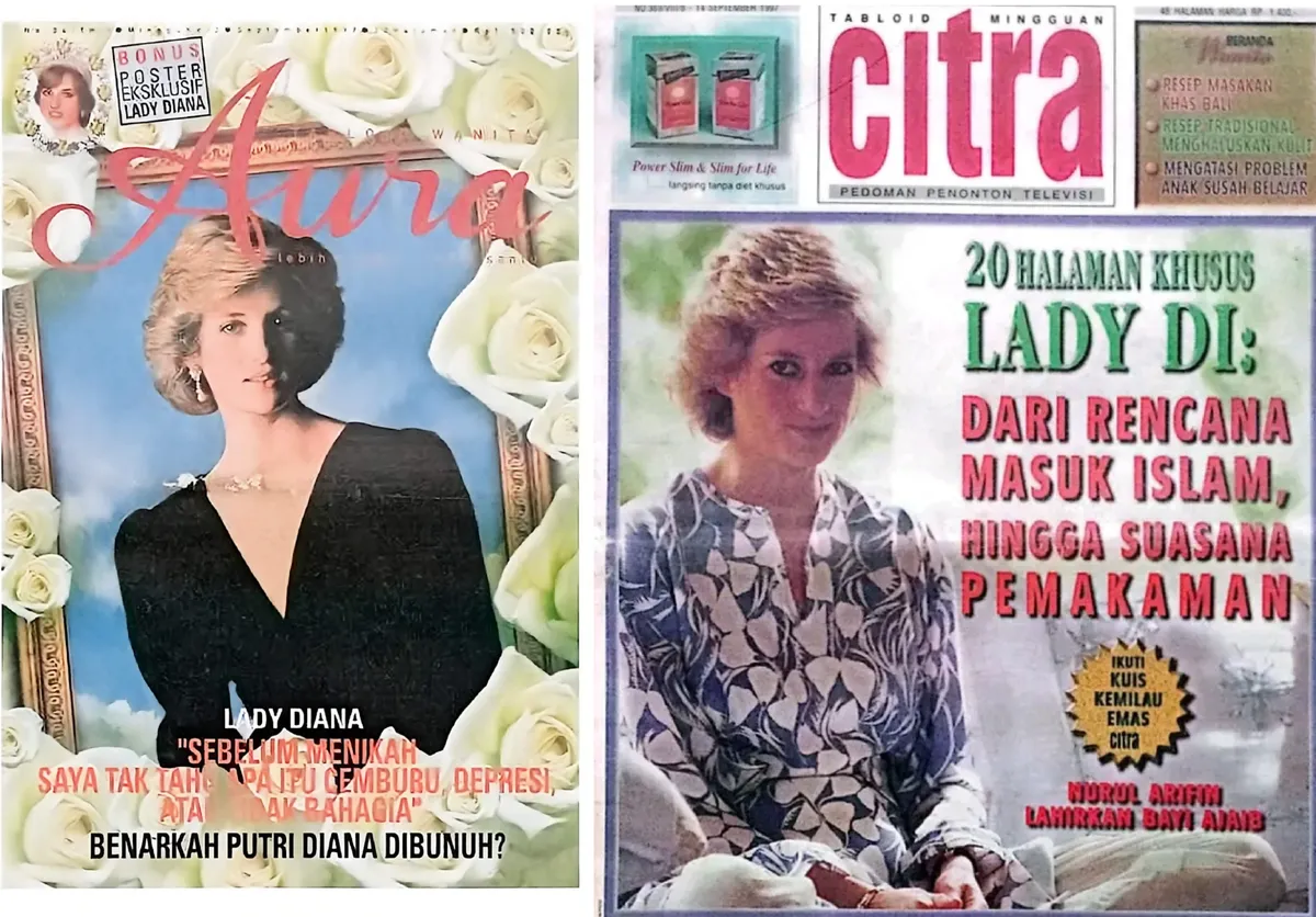 Tabloid dan majalah edisi September 1997 ramai mengangkat berita wafatnya Putri Diana sebagai laporan utama, mengabadikan salah satu peristiwa paling menggemparkan dunia pada akhir abad ke-20. (Sumber: koleksi Kin Sanubary)