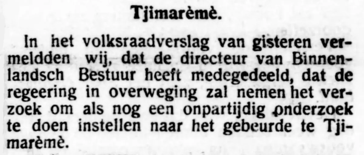 Artikel tentang Peristiwa Cimareme di Bataviaasch Nieuwsblad.