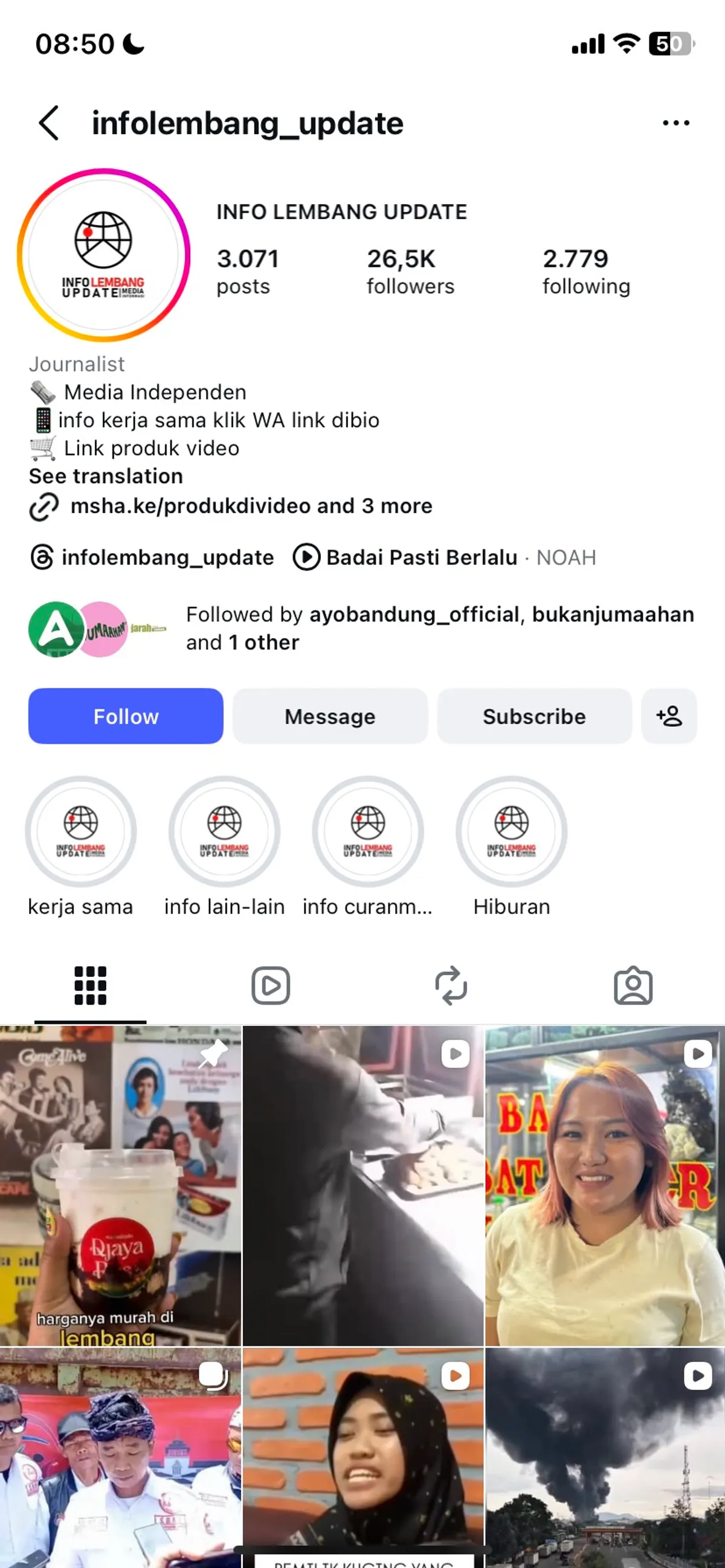 Tampilan akun instagram @infolembang_update (Sumber: @infolembang_update)