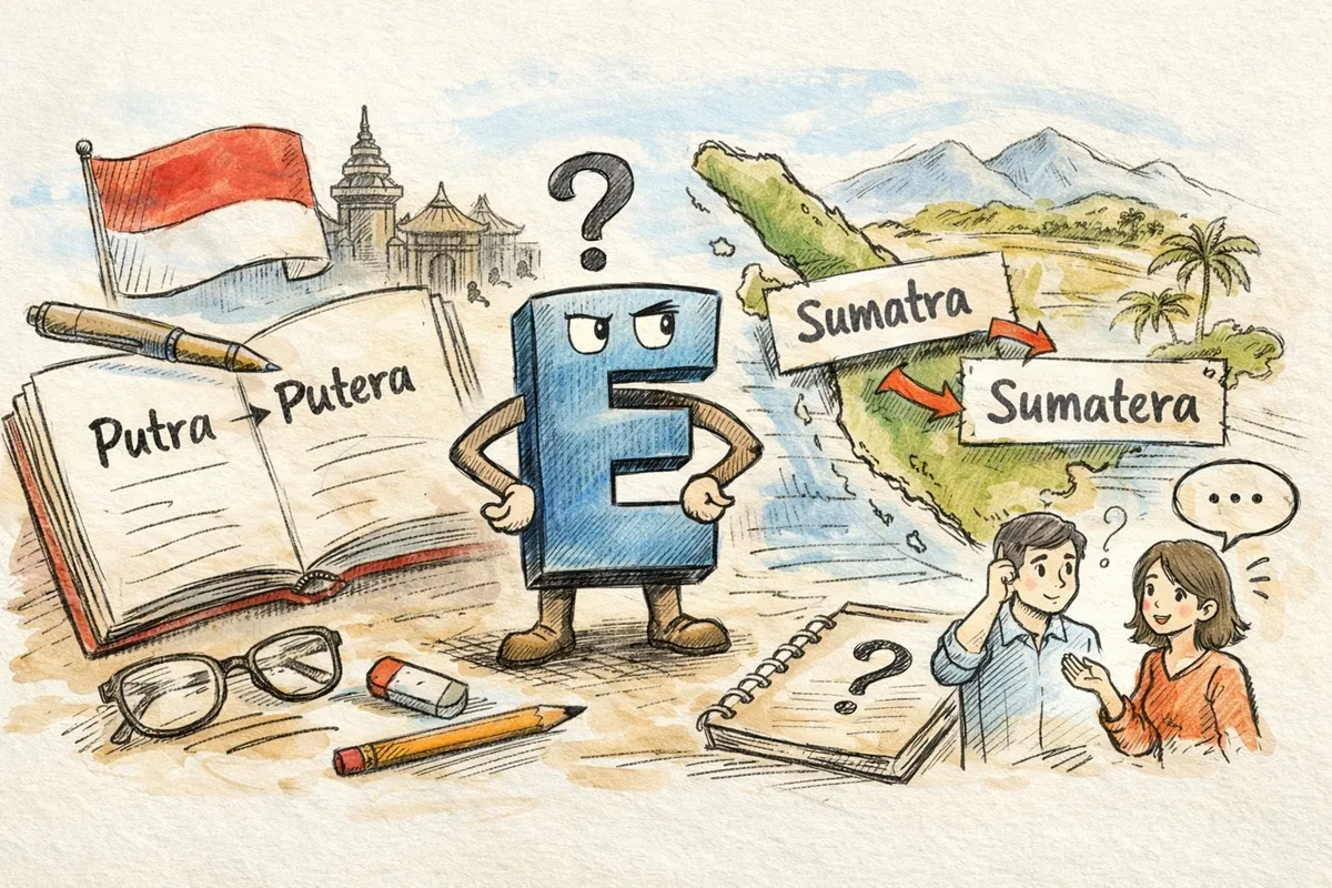 Ada cerita menarik tentang huruf “e” dimulai dalam kata 'putra vs. putera' ataupun 'Sumatra vs. Sumatera'. (Sumber: Ilustrasi oleh ChatGPT)