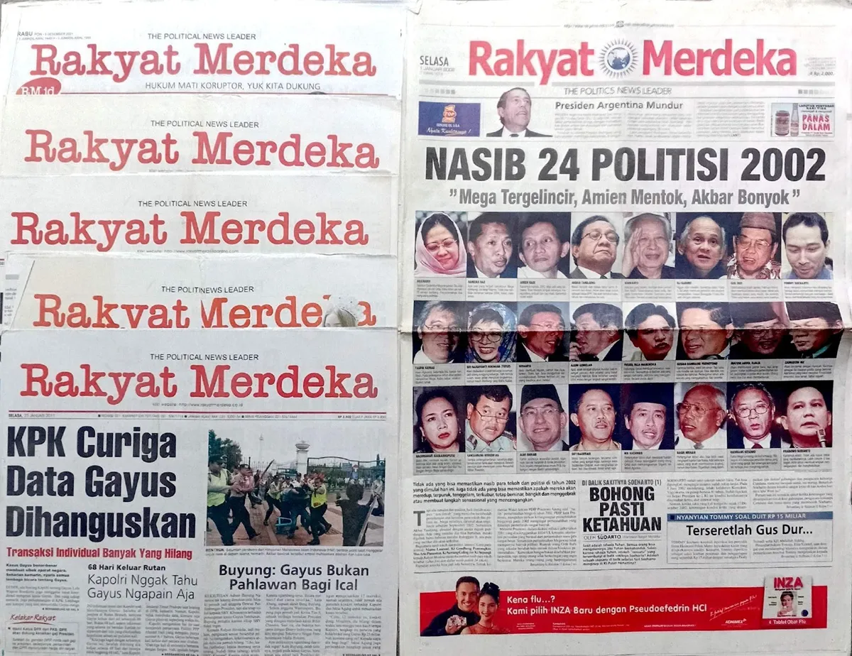 Harian Umum Rakyat Merdeka, yang lahir sebagai reinkarnasi surat kabar Merdeka setelah mengalami perubahan kepemilikan dan memasuki babak baru dalam perjalanan pers Indonesia. (Sumber: Koleksi Kin Sanubary)