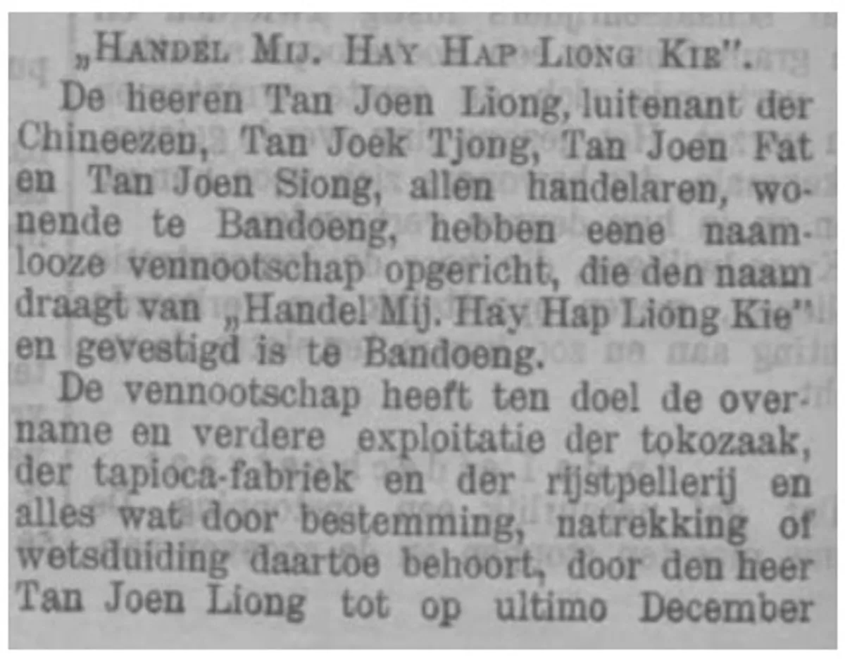 Berita Pendirian "Hay Hap Liong Kie De Preanger-Bode tanggal 13 April 1917. (Sumber: Arsip koran De Preanger Bode, 13 April 1917.)