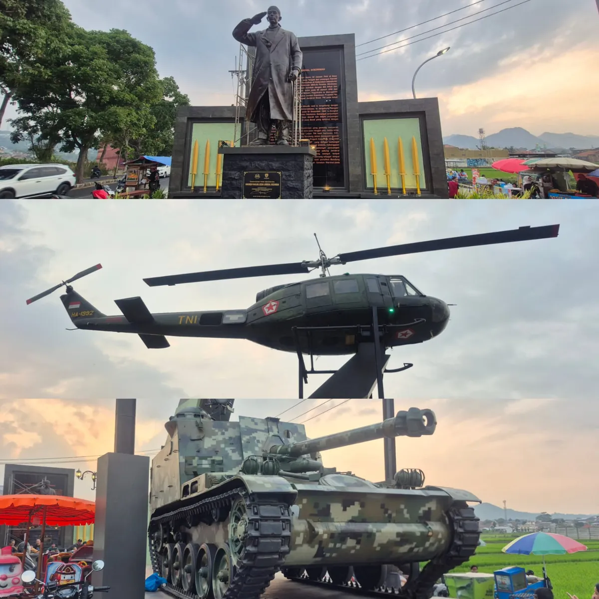 Tiga ikon utama di monumen Jend. Soedirman: Patung Jend. Soedirman, Helikopter, dan Tank Baja (Sumber: Dokumentasi Penulis)