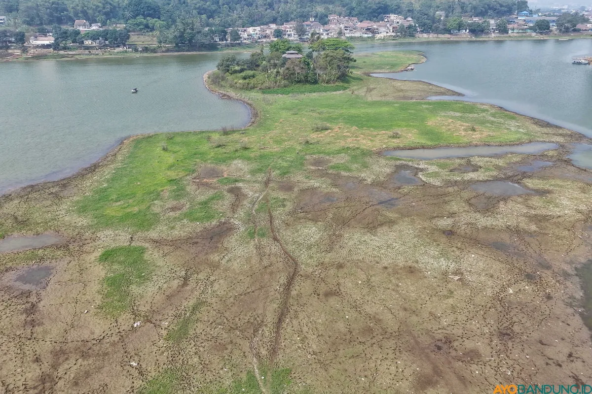 Fenomena tahunan menyusutnya air Situ Ciburuy kian terasa di musim kemarau ini, berdampak langsung pada sektor pertanian, pariwisata lokal, hingga aktivitas warga. (Sumber: ayobandung.id | Foto: Irfan Al Faritsi)