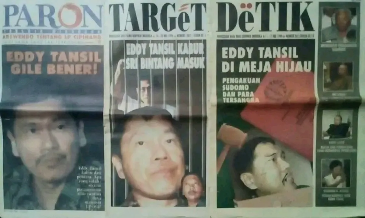 Sejumlah tabloid berita terbitan Jakarta pada periode yang sama turut mengangkat secara intensif perkembangan kasus mega korupsi Eddy Tansil. (Sumber: Foto dan koleksi surat kabar: Kin Sanubary)