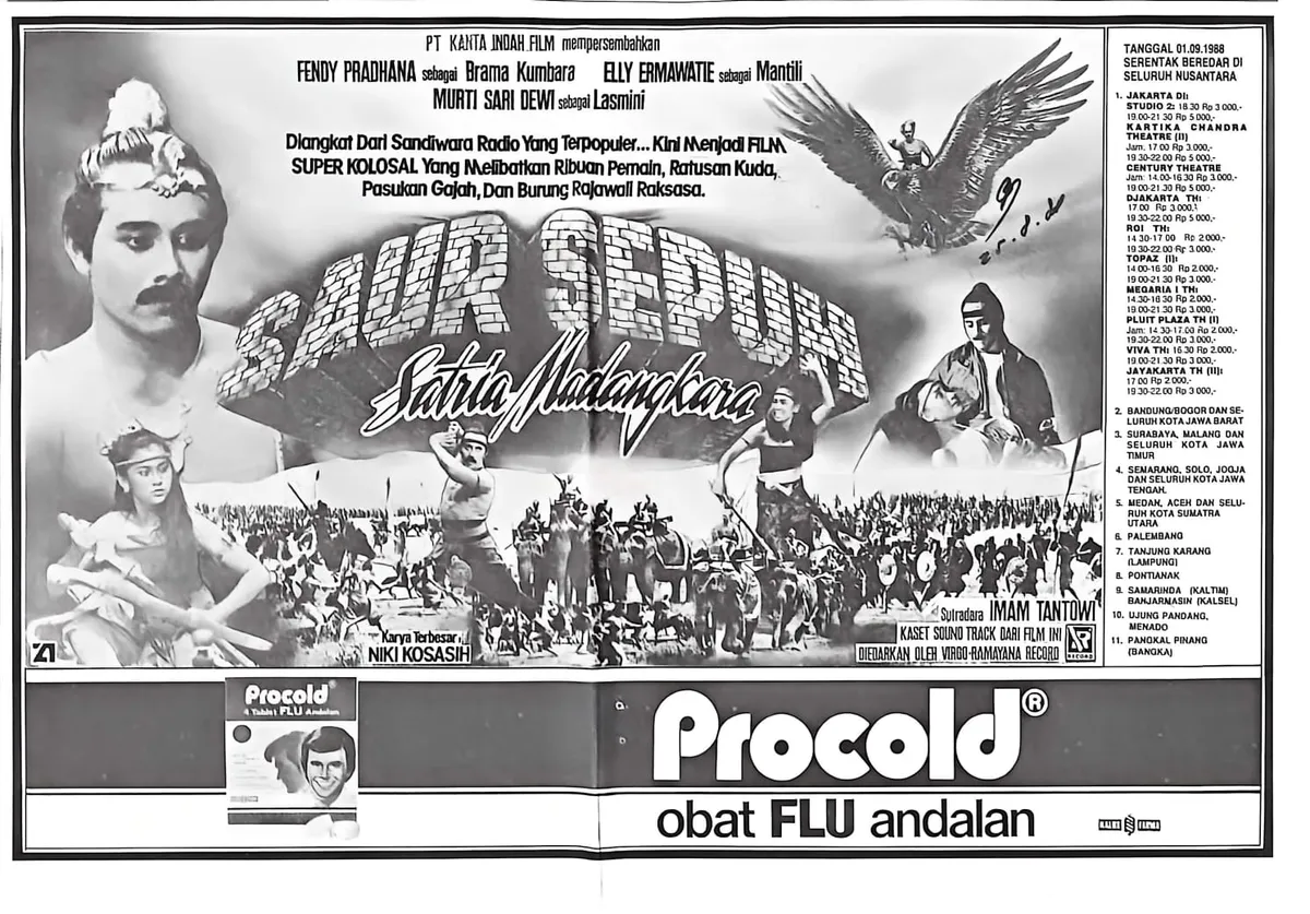 Film Saur Sepuh: Satria Madangkara, adaptasi layar lebar dari serial sandiwara radio Saur Sepuh. (Sumber: Suara Pembaruan, 30 Agustus 1988)