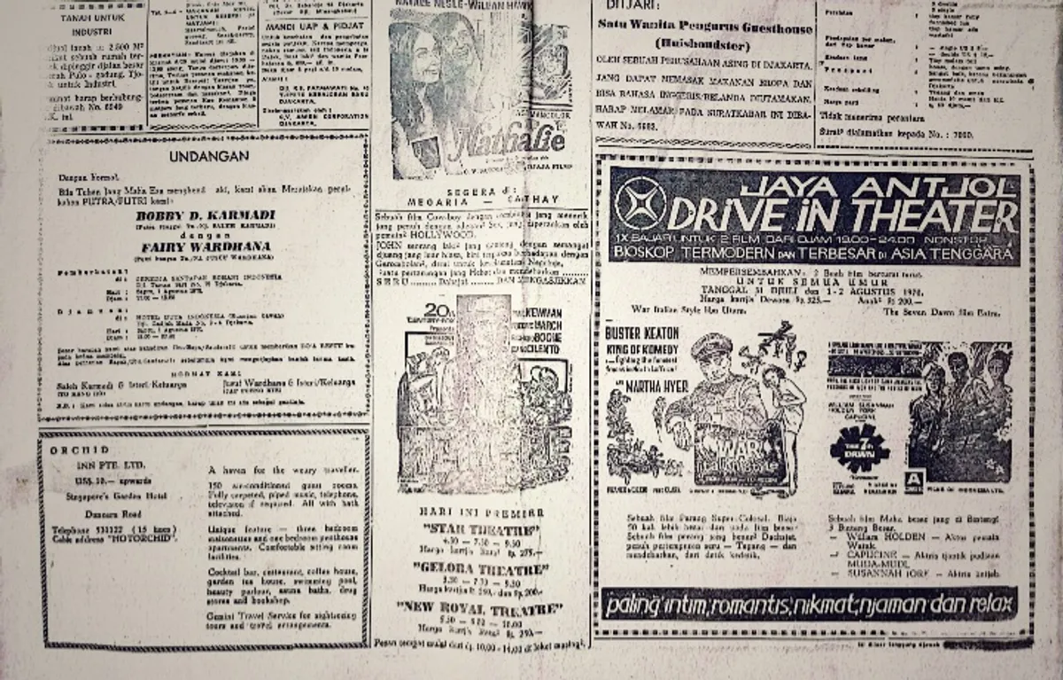 Kolom "Bioskop Hari Ini" menjadi salah satu rubrik favorit pembaca karena menyajikan jadwal pemutaran film di berbagai bioskop, sekaligus merekam geliat dunia hiburan pada zamannya. (Sumber: Kompas edisi 30 Juli 1970 | Foto: koleksi Kin Sanubary)