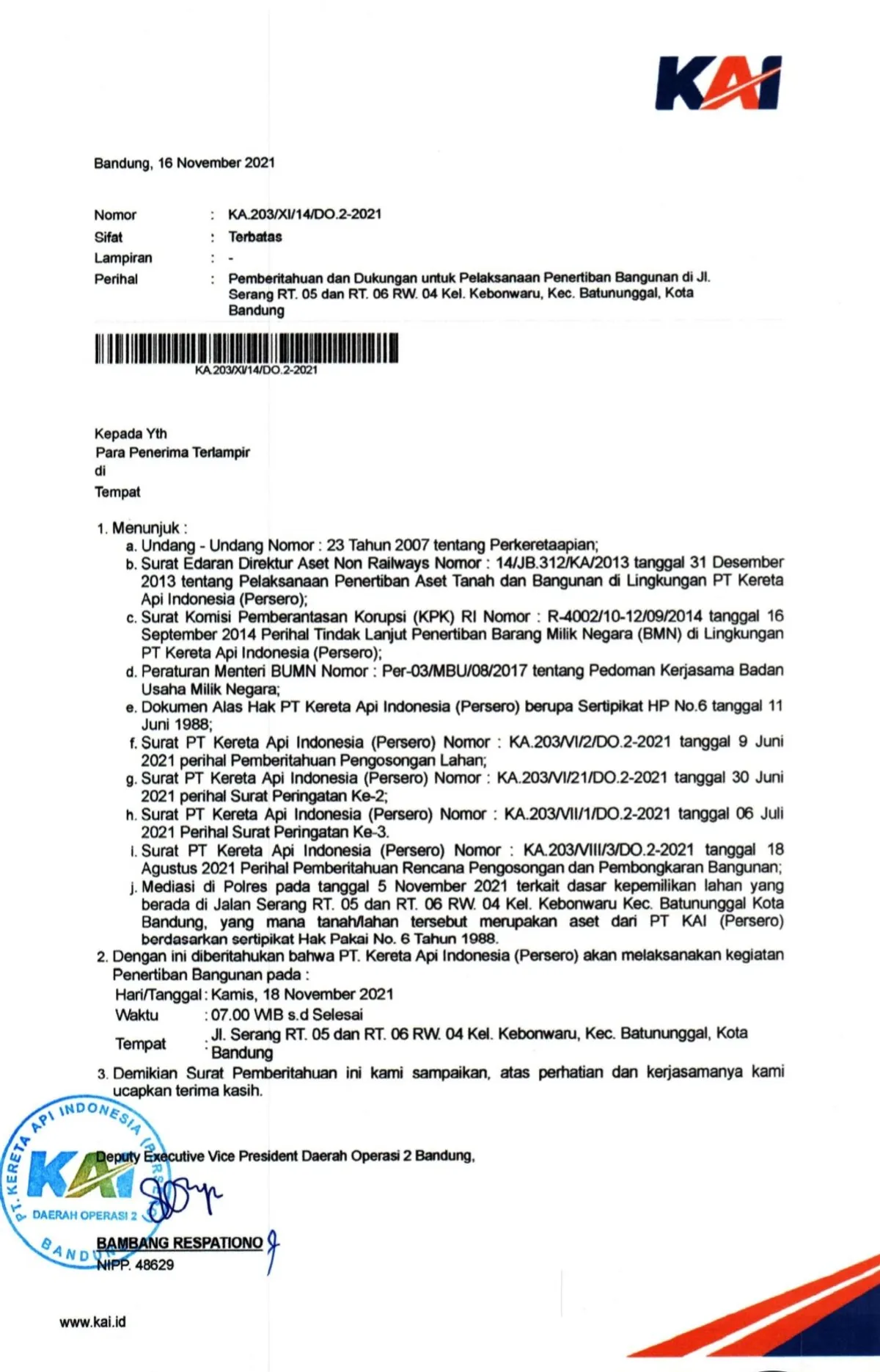 Pemberitahuan dan Dukungan untuk Pelaksanaan Penerbitan Bangunan di Jl. Serang (Sumber: Twitter)