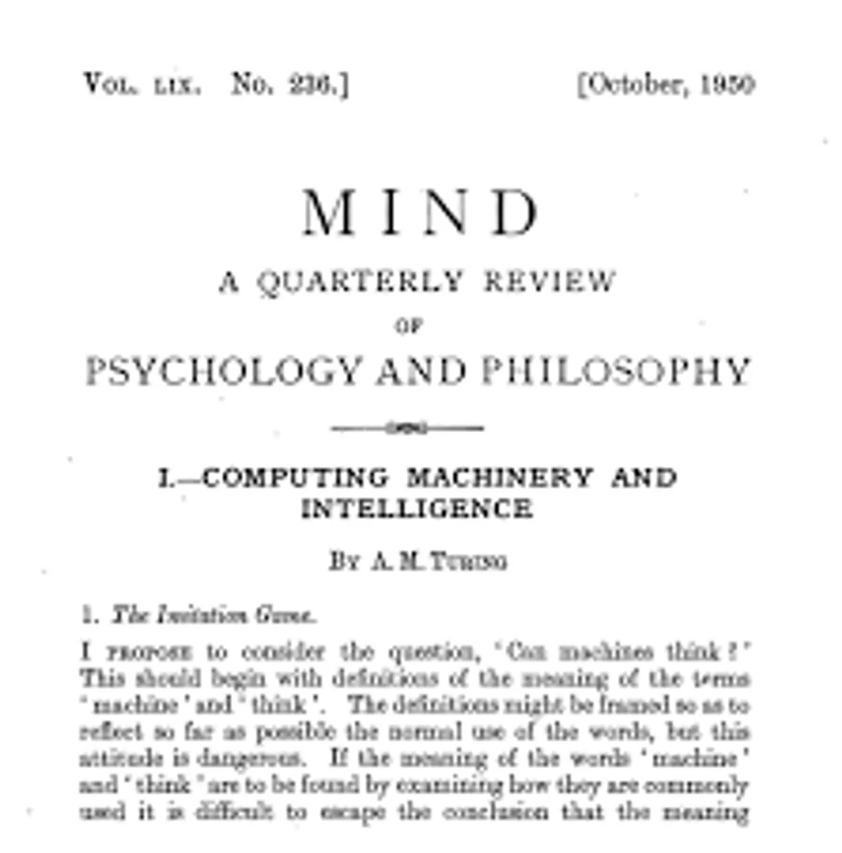 Jurnal Alan Turing yang berjudul Computing Machinery and Intelligence (Sumber: Medium)