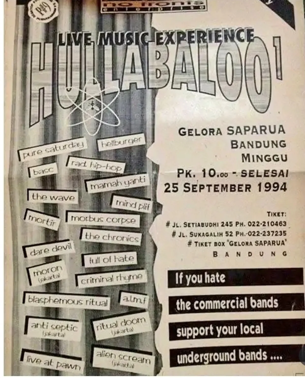Poster HULLABALOO1, acara musik yang digelar di GOR Saparua (Sumber: Instagram @wr.archives)