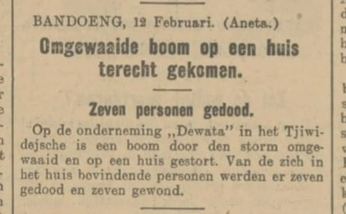 Surat kabar masa kolonial yang memberitakan mengenai insiden pohon tumbang akibat badai di Ciwidey. (Sumber: Delpher | Foto: Haagsche Courant (13 Februari 1929))