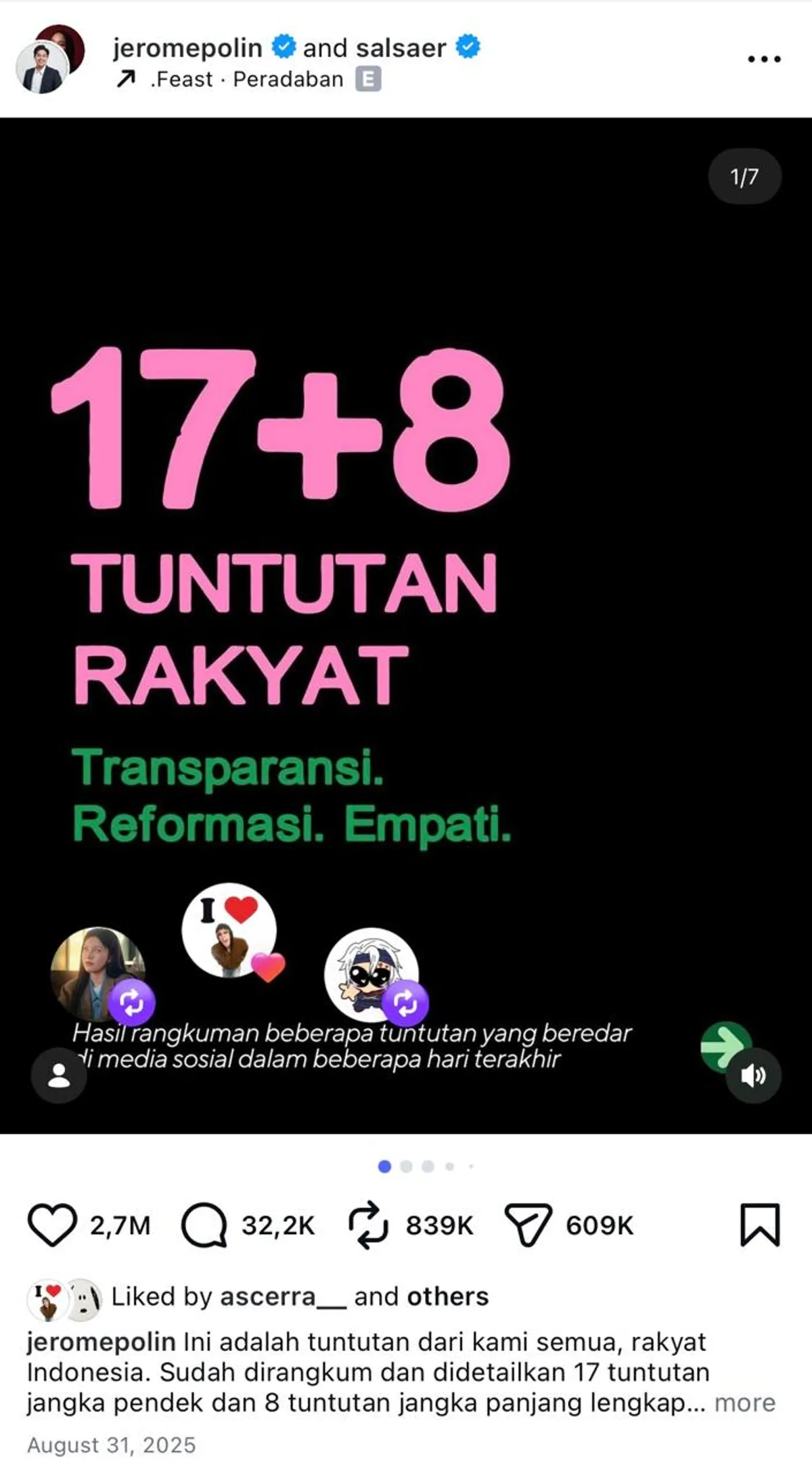 17+8 Tuntutan Rakyat 31 Agustus 2025 (Sumber: instagram.com @jeromepolin @salsaer)