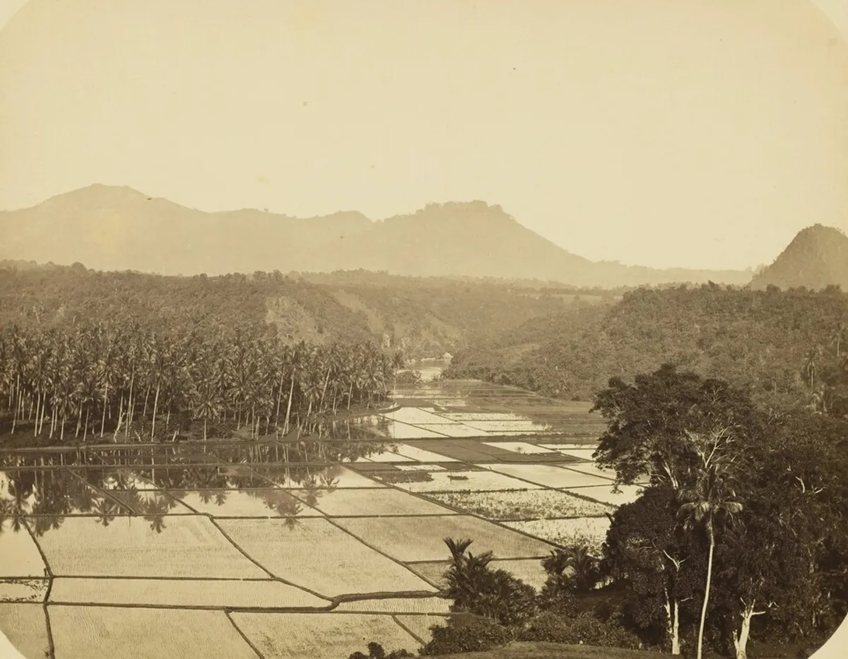 Lanskap agraris Rumpin di tepi Sungai Cisadane, abad ke-19. (Sumber: KITLV)