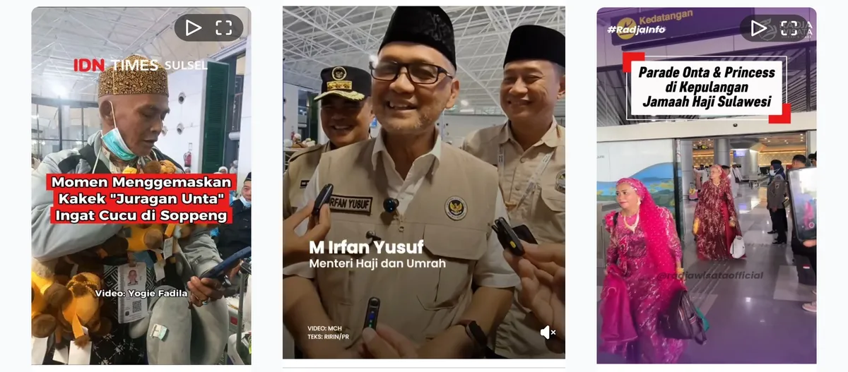 Hasil tangkapan layar uniknya dinamika kepulangan jemaah dari tanah suci (Sumber: Instagram @pikiranrakyat, @idntimes.sulsel, @radjawisataofficial)