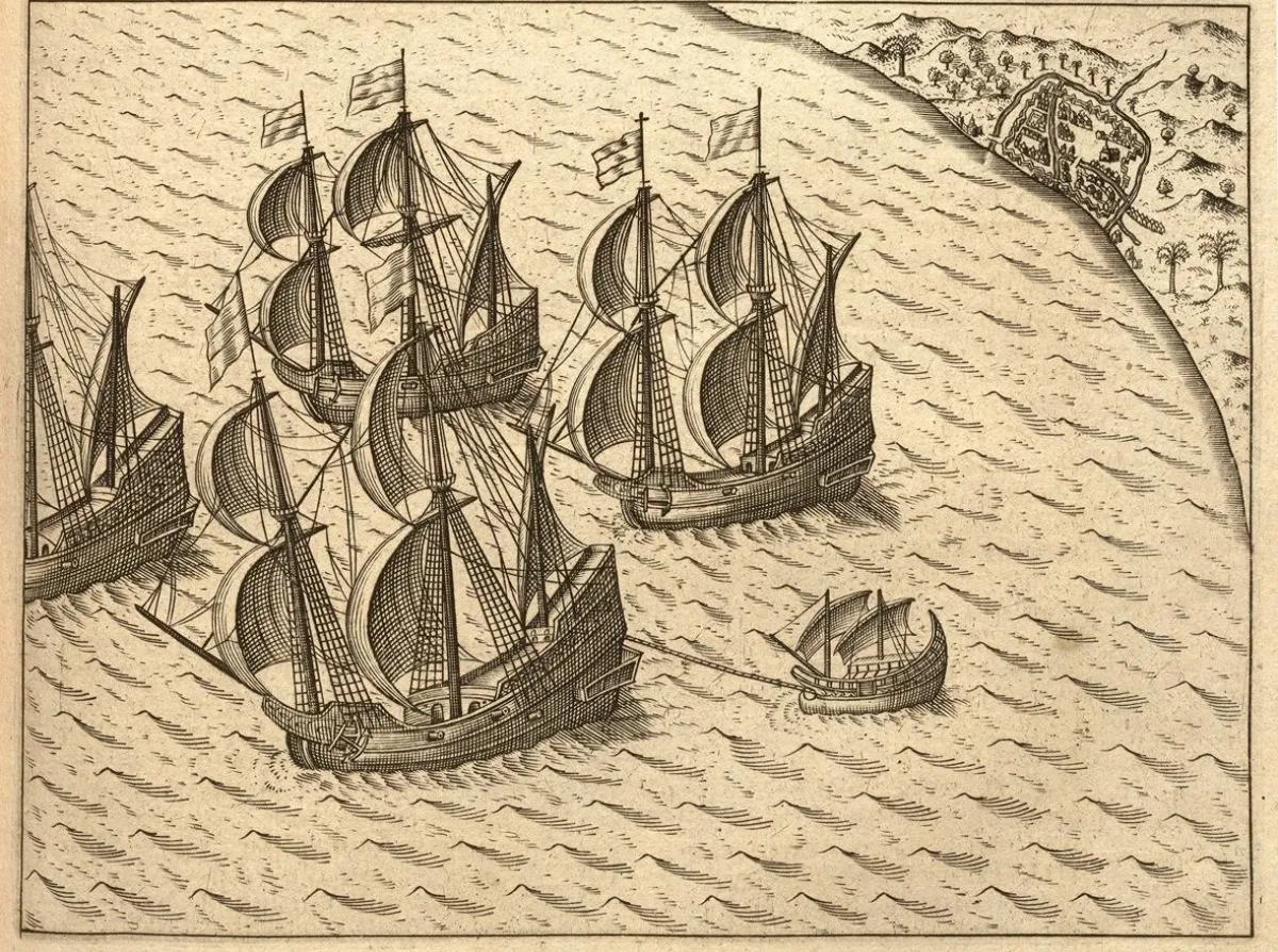 Ilustrasi kapal yang singgah di Pelabuhan Banten. (Sumber: https://atlasofmutualheritage.com)