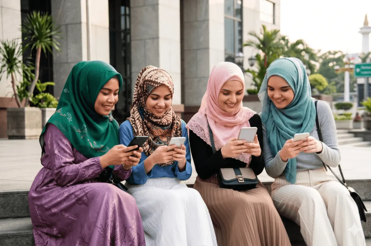 Ilustrasi muslimah asyik berselancar di internet (Sumber: salam.life)