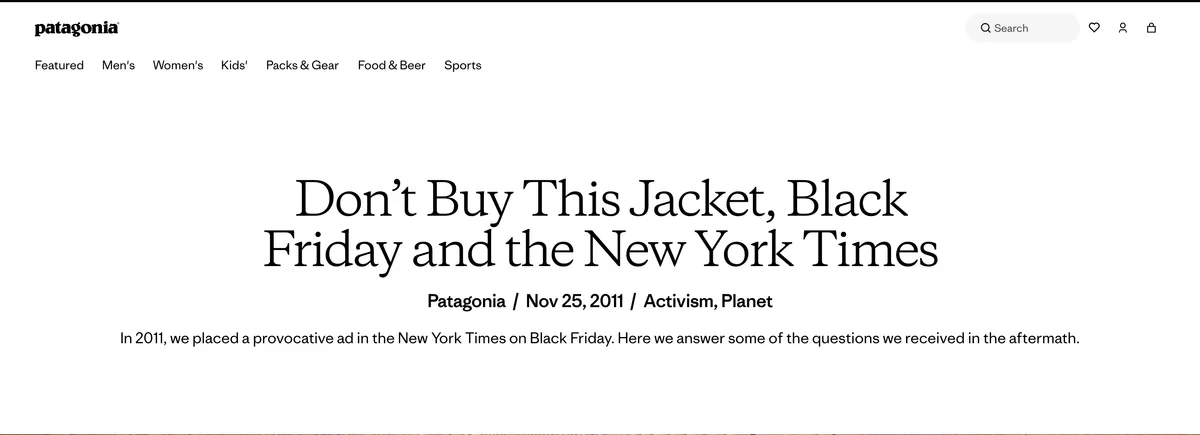 Lampiran laman kampanye "Don't Buy This jacket", dari Patagonia