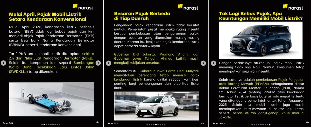Mulai 1 April 2026 kendaraan listrik berbasis baterai tidak lagi bebas pajak dan menjadi objek Pajak Kendaraan Bermotor (PKB) serta Bea Balik Nama Kendaraan Bermotor (BBNKB). (Sumber: Instagram/@narasinewsroom)