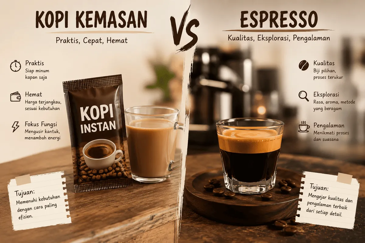 Ilustrasi perbandingan kopi kemasan dengan espresso (Sumber: ChatGPT)