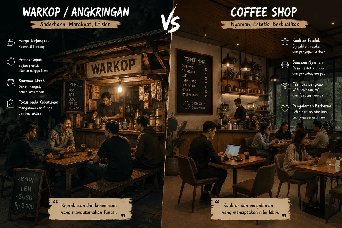 Ilustrasi perbandingan warkop dengan coffee shop (Sumber: ChatGPT)