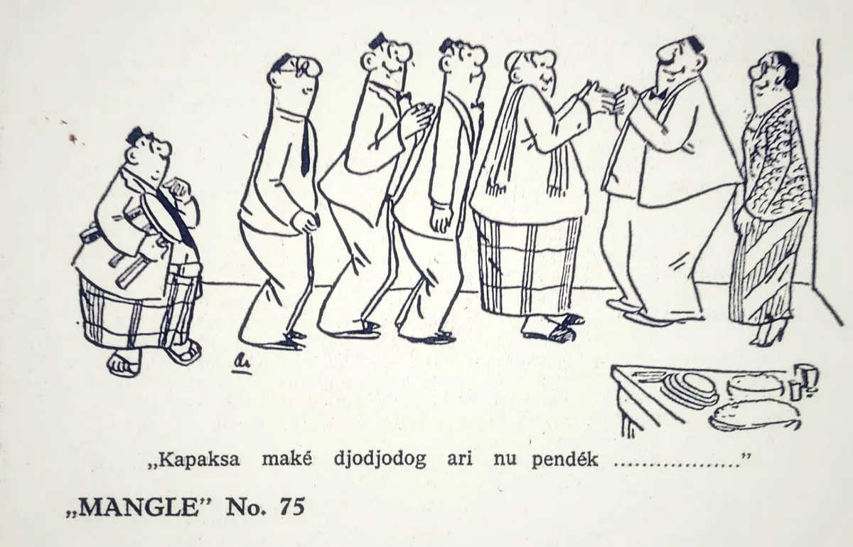 Karikatur klasik yang menggambarkan suasana perayaan Idulfitri 1383 H tahun 1964 di Bandung. (Sumber: Dokumentasi Penulis)