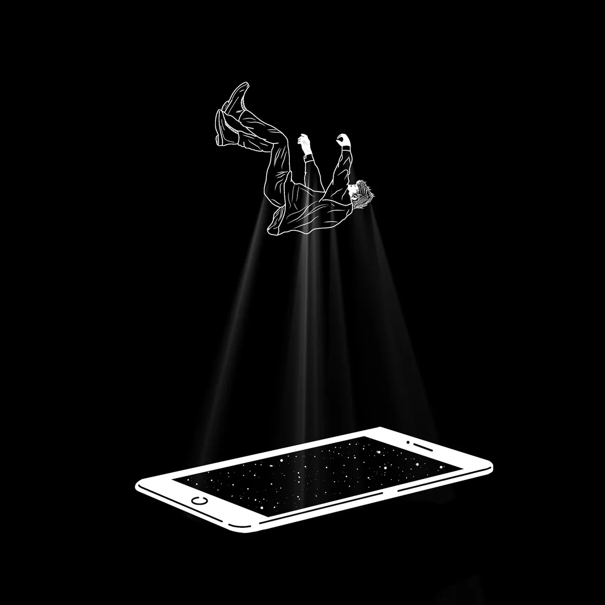 Manusia yang tanpa sadar “jatuh” ke dalam kendali teknologi—sebuah bentuk penjajahan modern tanpa penjajah (Sumber: https://pixabay.com/illustrations/falling-mobile-dark-night-surreal-7372662/ | Foto: Pheladii)