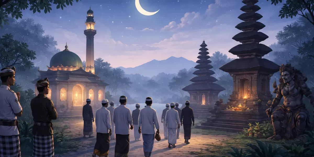 Kemenag menerbitkan panduan pelaksanaan takbiran di Bali jika bertepatan dengan Hari Raya Nyepi 2026 untuk menjaga toleransi umat. (Sumber: Ilustrasi generate by AI)