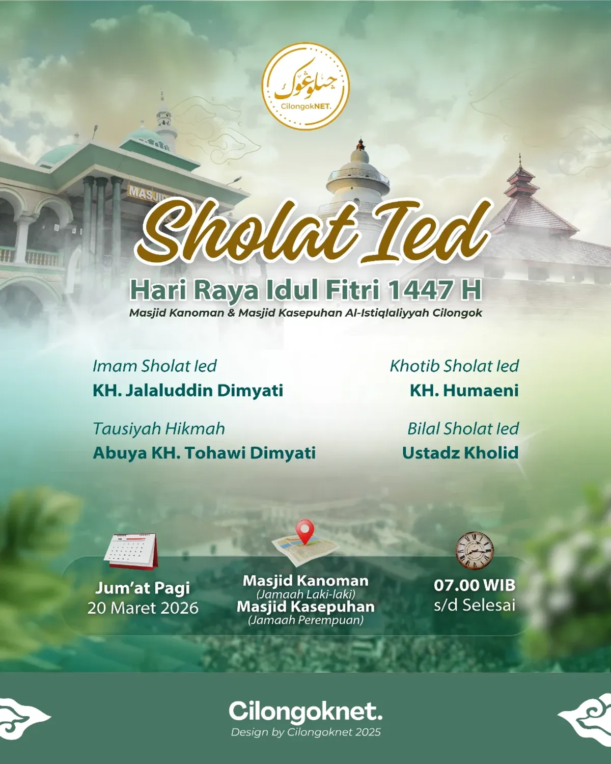 Informasi sholat Ied Fitri 1447 Hijriyah (Sumber: Instagram @cilongoknet)