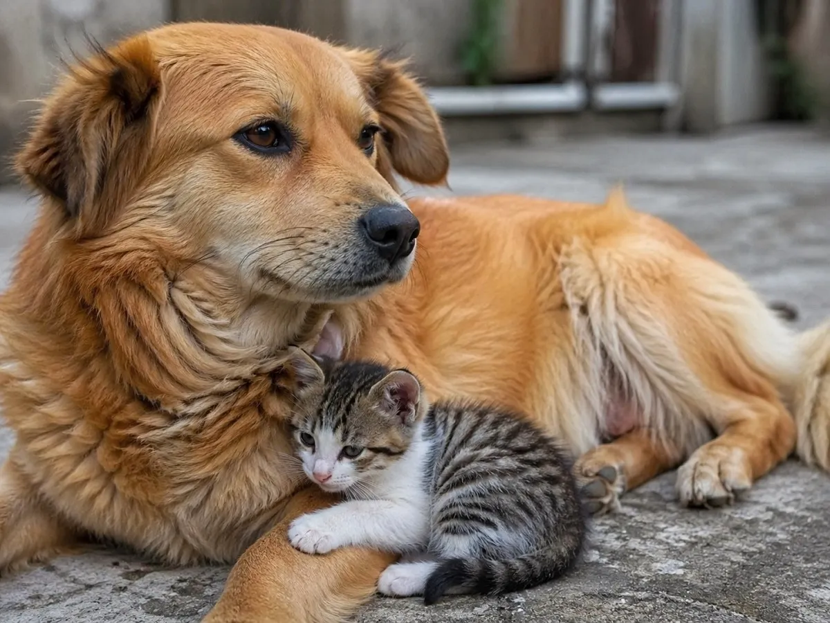 Ilustrasi seekor anjing betina dan seekor anak kucing. (Sumber: AI)