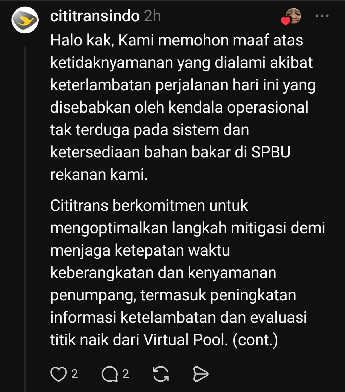 Informasi keterlambatan perjalanan travel akibat kelangkaan solar di SPBU. (Sumber: Threads/@cititransindo)