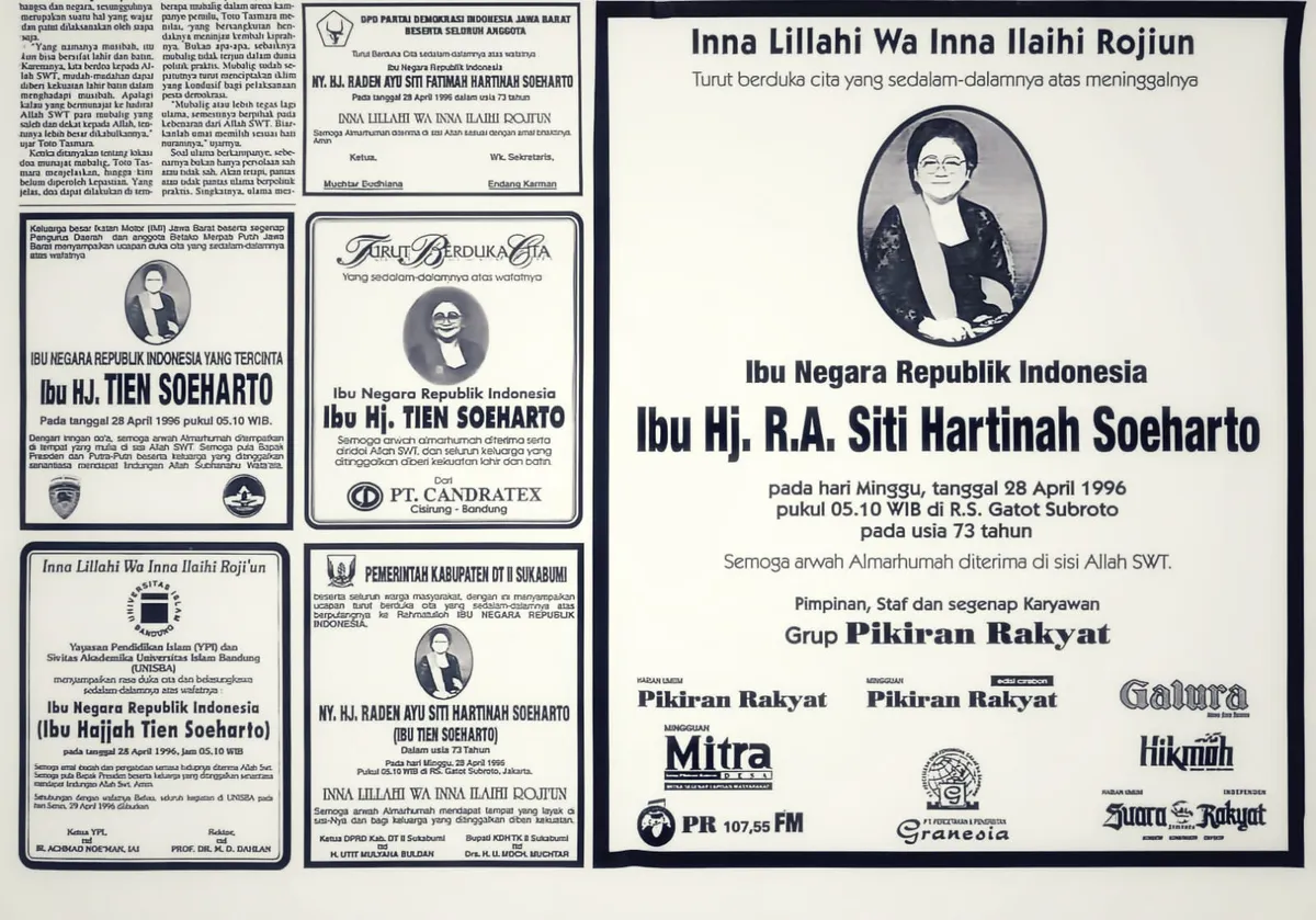 Ucapan belasungkawa atas berpulangnya Siti Hartinah Soeharto menghiasi halaman-halaman berbagai surat kabar nasional kala itu. (Sumber: Dokumentasi Penulis | Foto: Kin Sanubary)