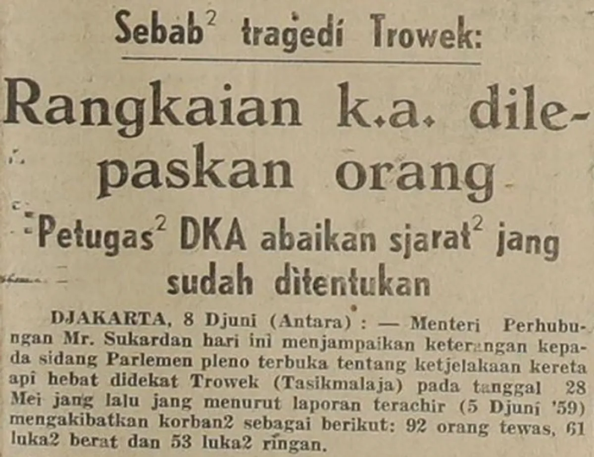 Potongan artikel yang memaparkan hasil investigasi tragedi KA Trowek. (Sumber: Harian Umum)