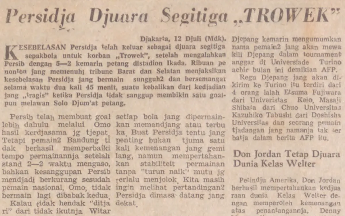 Potongan artikel harian Merdeka yang mengabarkan Persija menjuarai pertandingan segitiga untuk penggalangan dana Tragedi Trowek. (Sumber: Merdeka)