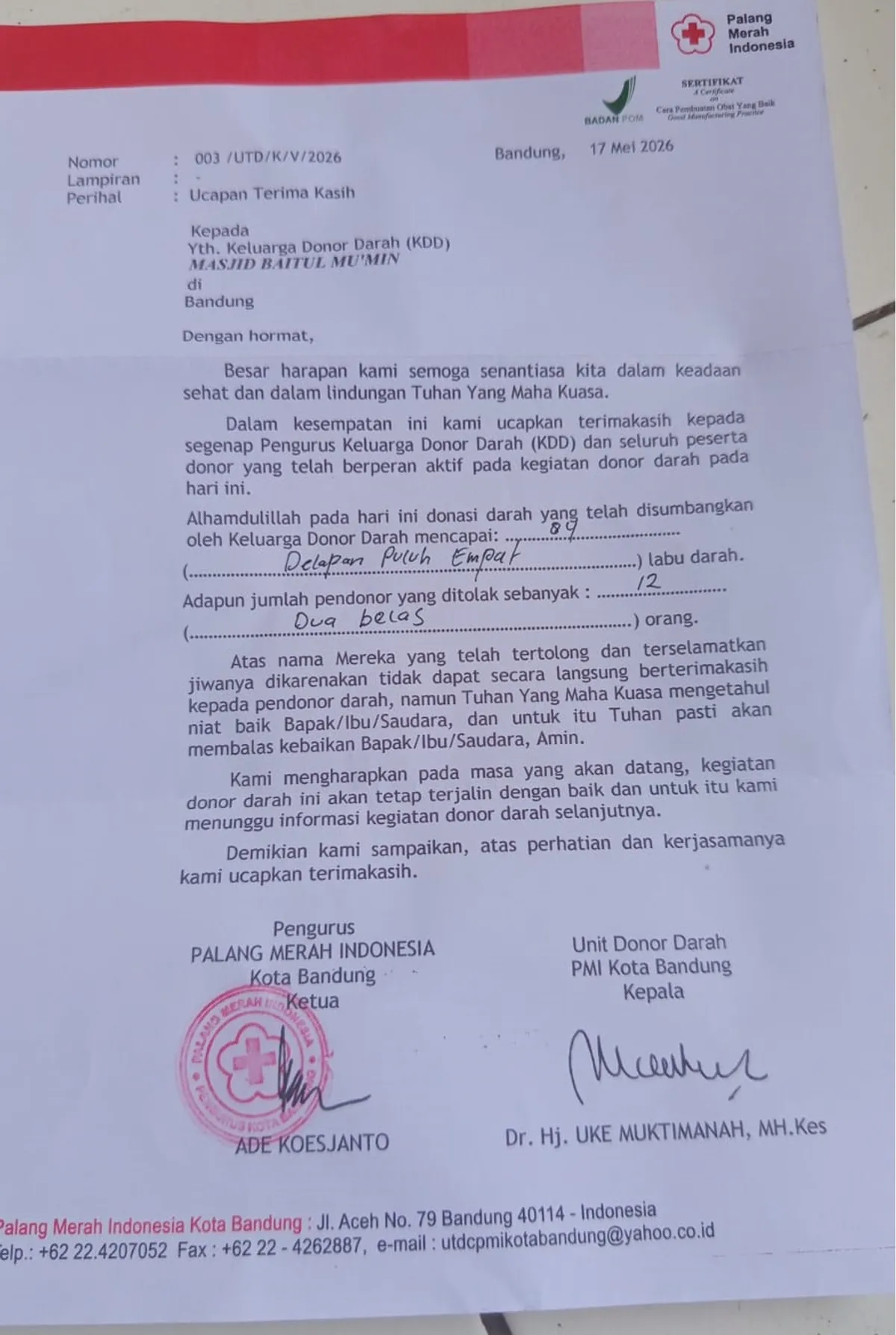 Surat dari PMI ucapan terima kasih untuk KDD Masjid Baitul Mu'min (Sumber: Dokumen Pribadi | Foto: Uwes Fatoni)